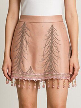 Matthew Williamson‎ Pink Feather Motifs Fringed Skirt Size 8 Small